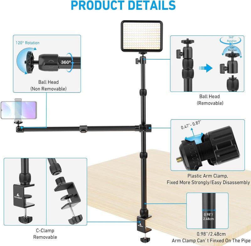 ailight Overhead Camera Mount Desk Stand, 15.75"-33.45" Webcam Mount with 2-Section Adjustable Telescopic Boom Arm, C Clamp/Swiveling Ball Head for DSLR Camera, Phone, Ring Light, Webcam - Image 5